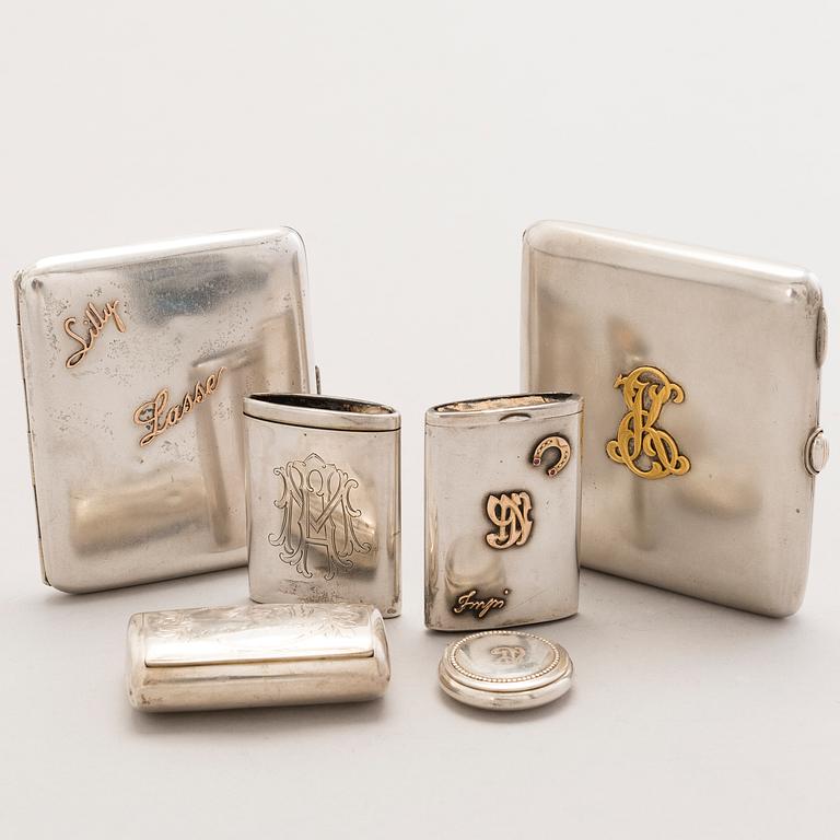 Silver boxes and cases, totally 6, Finnish marks 1927-1945.