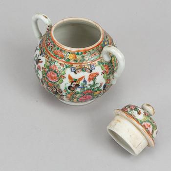 A set of 3 famille rose Canton tea pots and a suger bowl, Qing dynasty, late 19th Century.