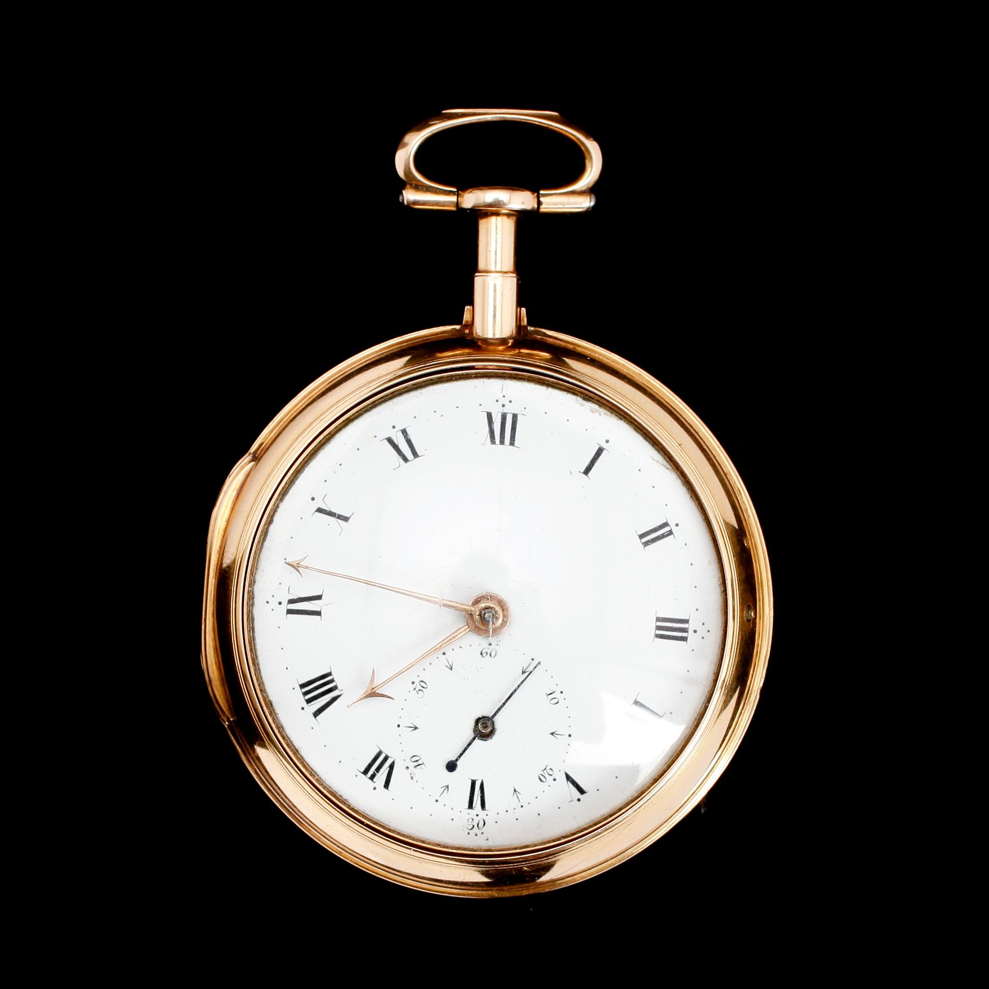 SPINDELUR, 18 k guld, London 1798, med yttre boett. Total vikt 146 gram.