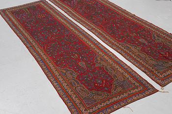 A pair of semi-antique Pateh Kerman embroideries, ca 279 x 88 cm and 282 x 84 cm.