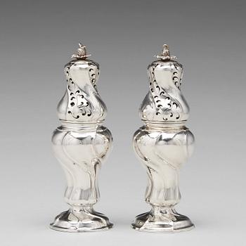 160. A matched pair of Swedish Rokoko silver sugar-casters, one marked Olof Gravander, Kristinehamn 1764, one a later copie.