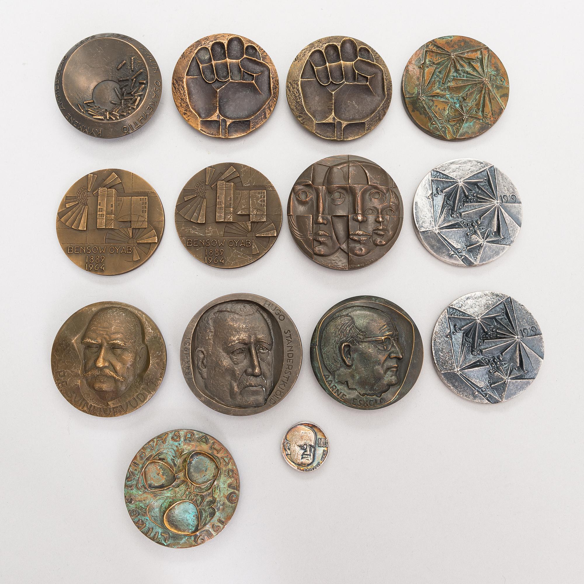 Medaljer, 14 st, brons och silver, Finland 1900-talets senare hälft.