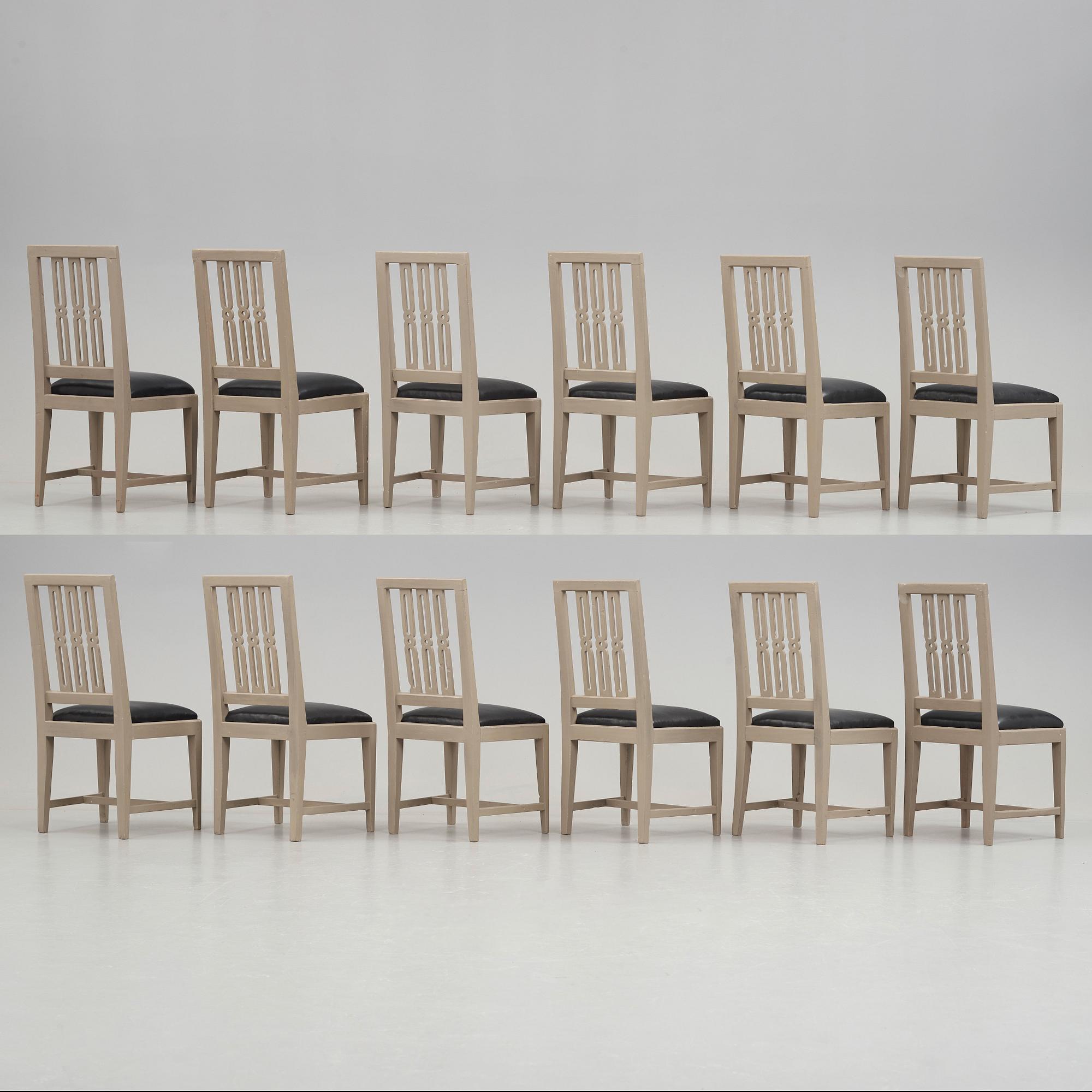 Twelve late Gustavian late 18th century chairs.