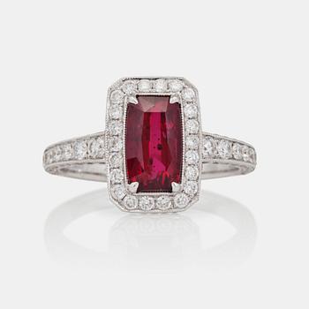 An unheated "pigeon's blood"-red, 1.59ct, ruby and brilliant-cut diamond ring.