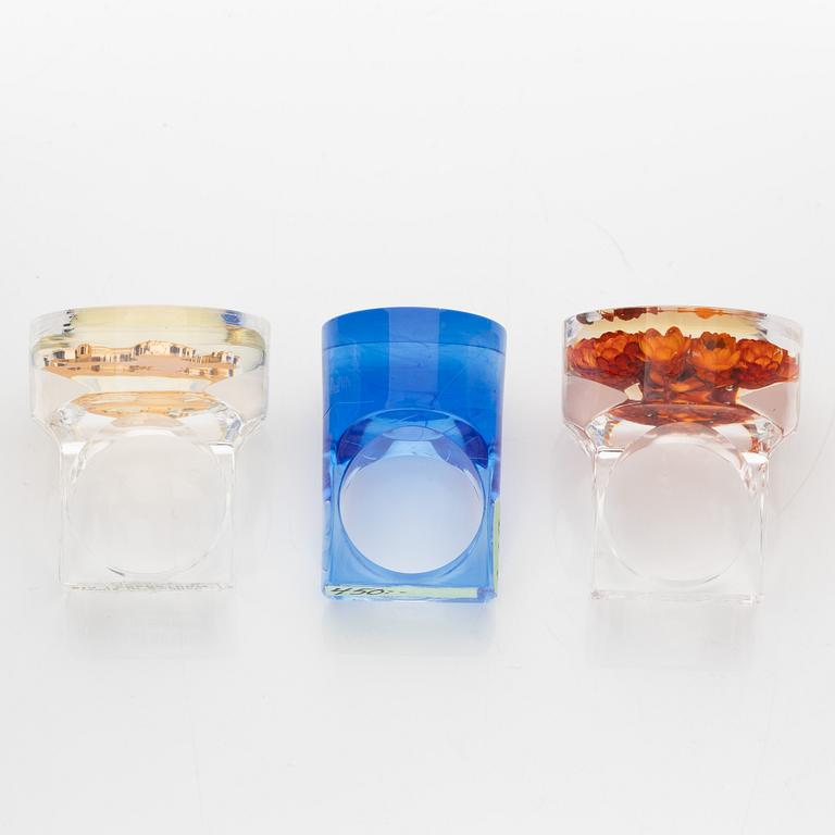 Siv Lagerström, three rings, acrylic plastic. Engravings from the 1970s.