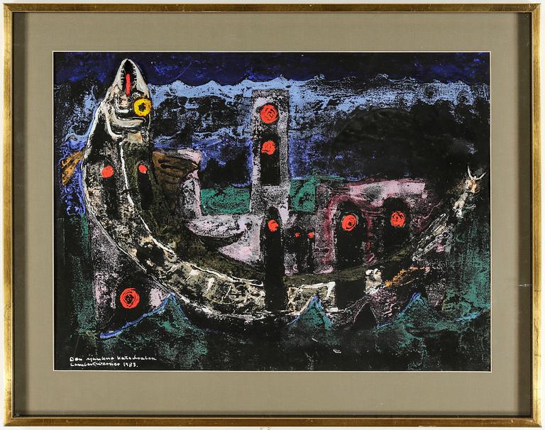 LAMBERT WERNER, "Den sjukna katedralen", gouache med collage, signerad, daterad 1983.