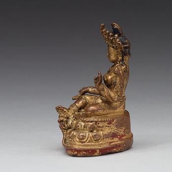GRÖN TARA, förgylld kopparlegering. Tibet, 1500-tal eller tidigare.