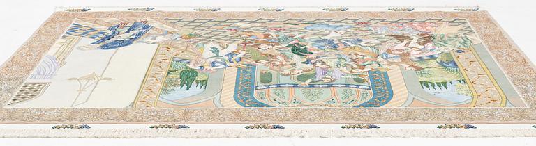 Matta, figural Täbriz, part silk, ca 197 ( + 7 cm slätväv på vardera ände) x 299 cm.