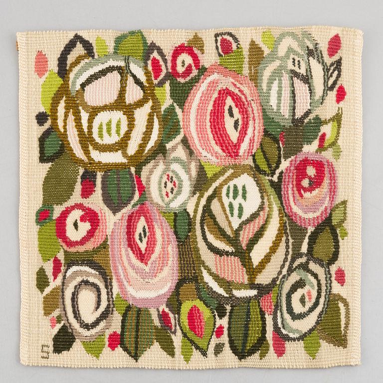 Barbro Sprinchorn, a textile, 'Rosorna (The Roses)', tapestry variant, signed S, c. 35 x 36 cm.