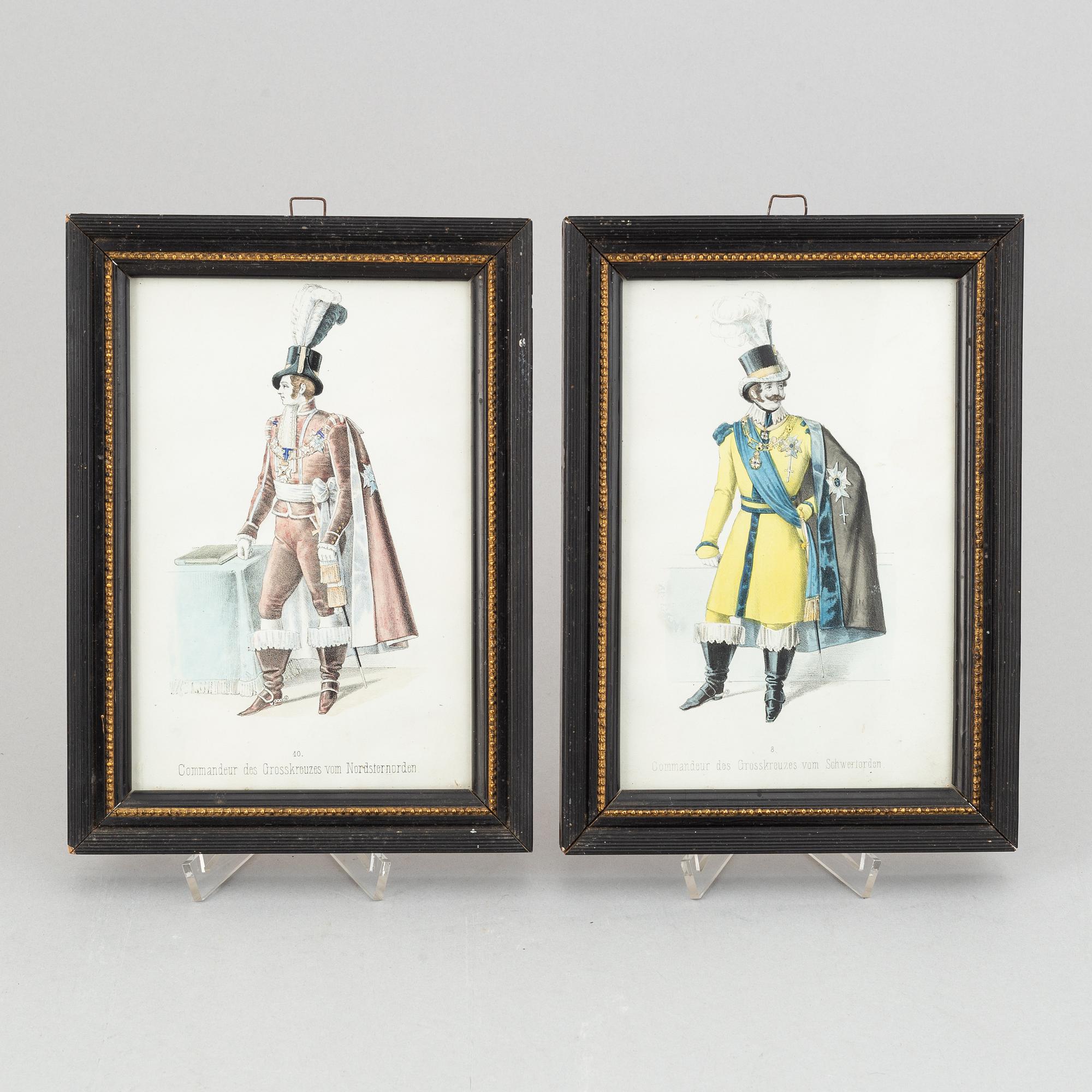 A set of twelwe hand-coloured litographs of Swedish chivalric orders by Adolf Ulrik Schützercrantz.