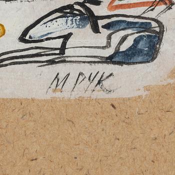 Madeleine Pyk, blandteknik, signerad M PYK med blyerts.