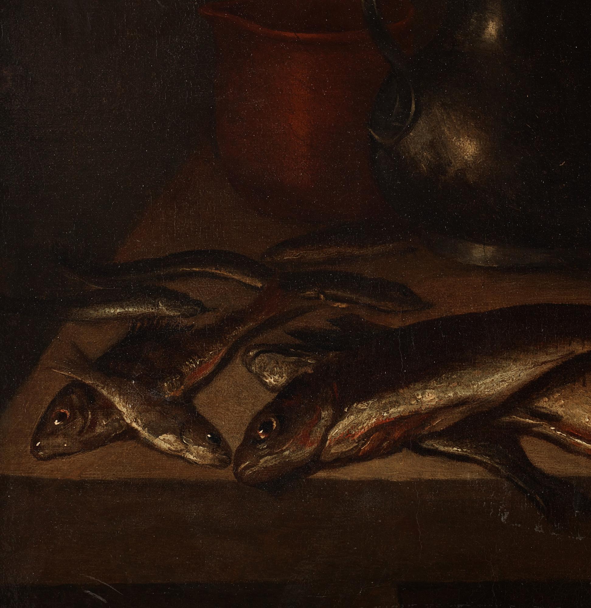 Pieter Claesz Circle of, Dutch school 17th/18th Century. Still life with fish, crab, oysters and jars.