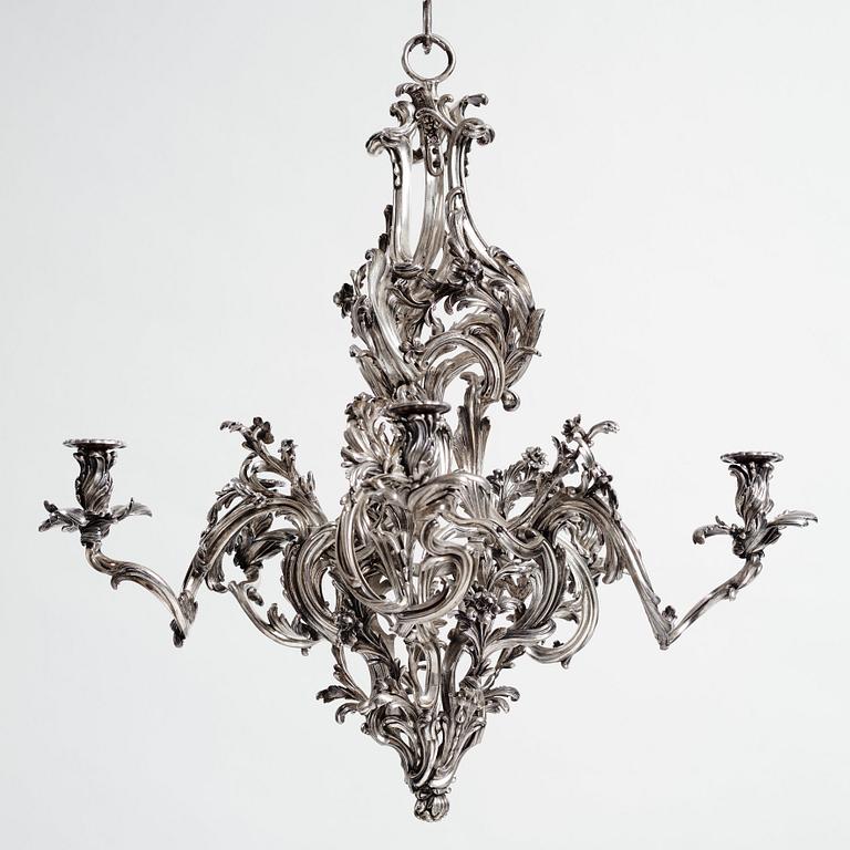 Ljuskrona för fem ljus, försilvrad mässing, argent haché, tillskriven Pierre Boulanger, Paris omkr 1750, Louis XV.