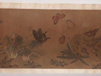 RULLMÅLNING, landskap med fjärilar och insekter i Qian Xuans (1235-1305) efterföljd, Qing dynastin 1800-tal.