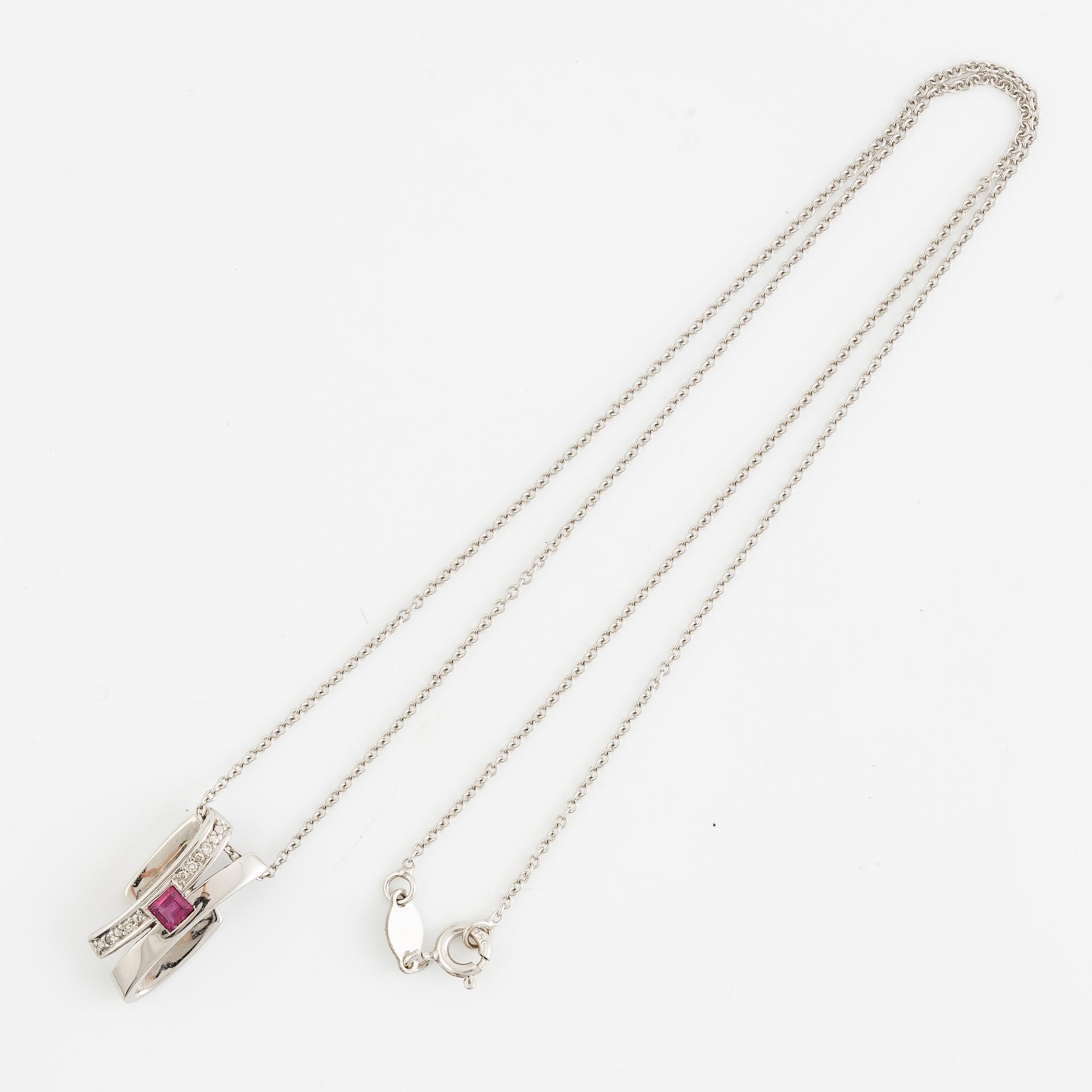 Pendant, 18K white gold with ruby and small diamonds, with chain 18K white gold.