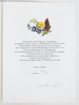 Roland Svensson, kasett med 4 färglitografier, signerade 169/400 samt fyra dagböcker i faksimil, 1990.