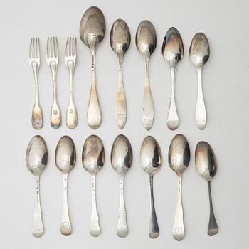 14 pieces of older silver spoons and forks, Sweden, 18th & 19th century.