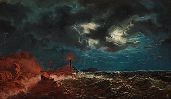 473. Marcus Larsson, A burning steamboat on stormy sea.