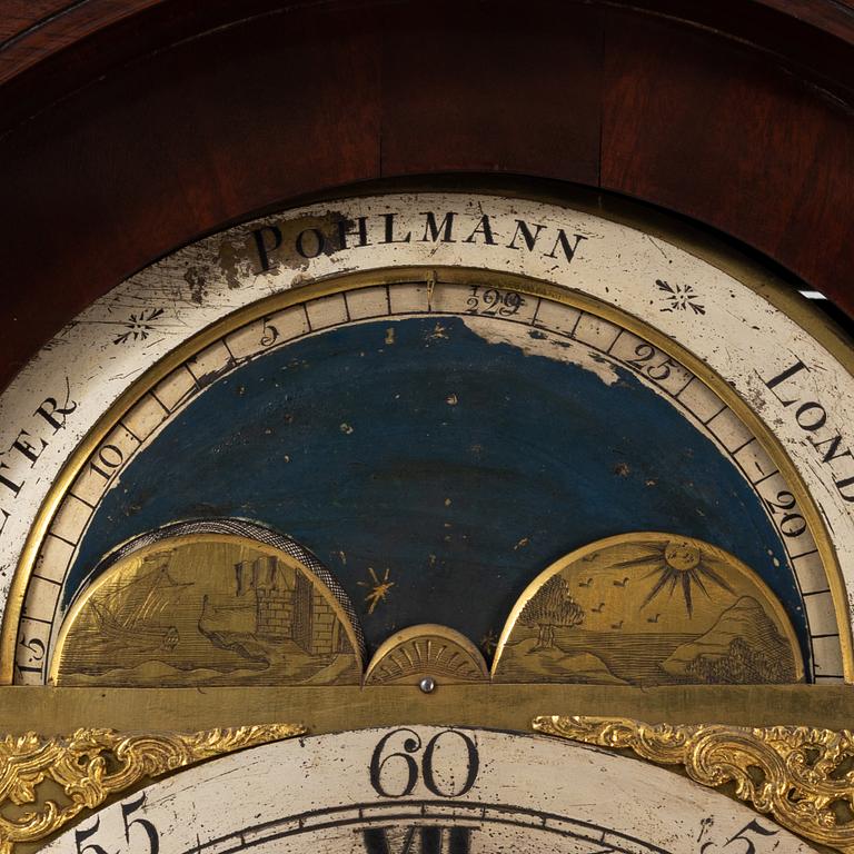 A mahogany veneered longcase clock, marked Peter Pohlmann, London, England, 18th century.