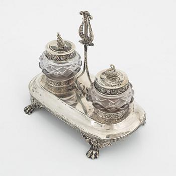 A Swedish Silver and Glass Inkwell, mark of Carl Petter Lampa, Stockholm 1828.