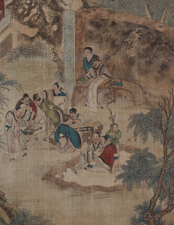 A hanging scroll of studying scholars in a garden, "Xueshi tu", late Qing dynasty (1664-1912).