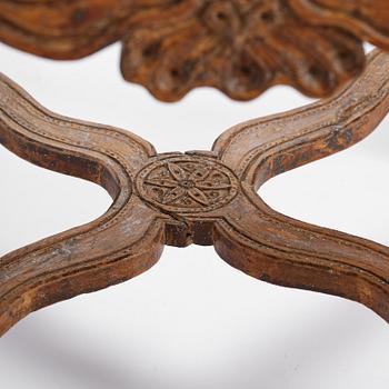 A pair of carved stools in the manner of Jonas Granberg, Jämtland, Sweden, mid 18th century.