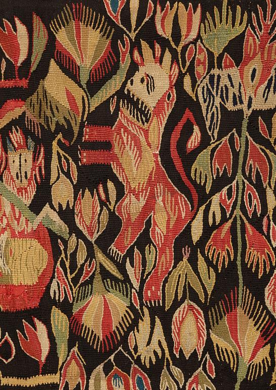 A carriage cushion, tapestry weave, "Lammet och fanan", ca 45-47 x 97,5-98 cm, Torna or Bara district,