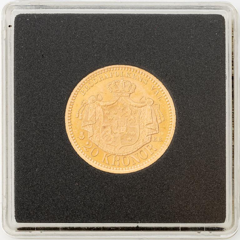 Gold coin, Oscar II, 20 kronor, type III, Sweden 1879.