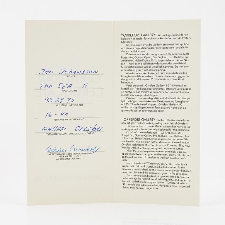 Jan Johansson, vas, glas, "The Sea III", Orrefors Gallery, 16/40, 1990.