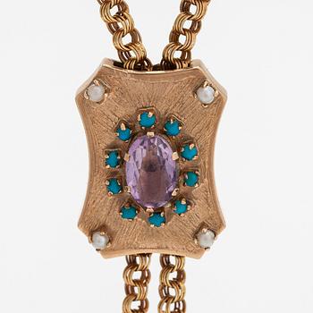 A 14K gold necklace with an amethyst, turquoises and seed pearls. Foreign marks.