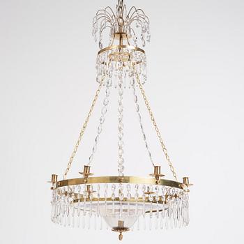 A late Gustavian gilt brass and cut glass seven-light chandelier, late 18th century.