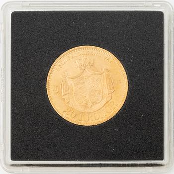 Guldmynt, Oscar II, 20 kronor, typ I, Sverige 1874.