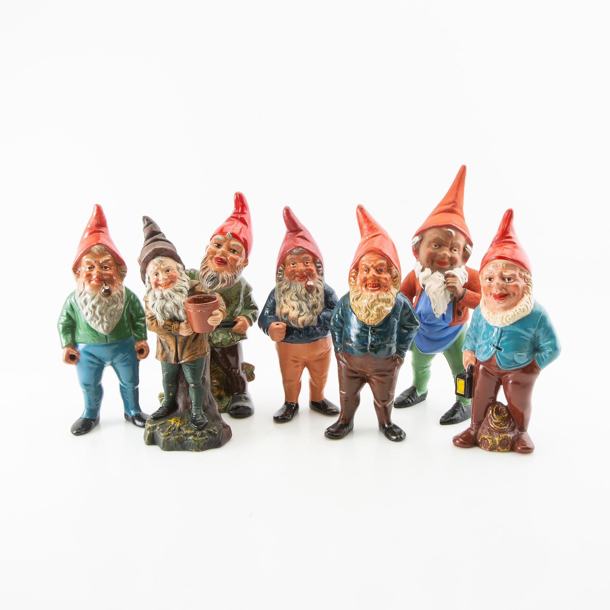 Gnomes 7 pcs mostly Germany mid/second half of the 20th century painted terracotta.