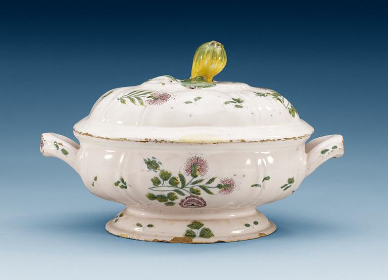 A faience tureen with cover, unmarked, 18th Century.