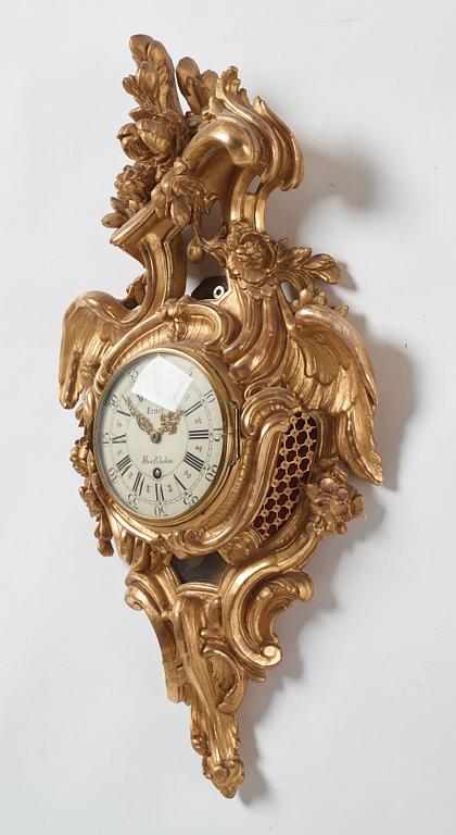 A Swedish Rococo l18th century wall clock by Petter Ernst (clockmaker in Stockholm 1753-1784).