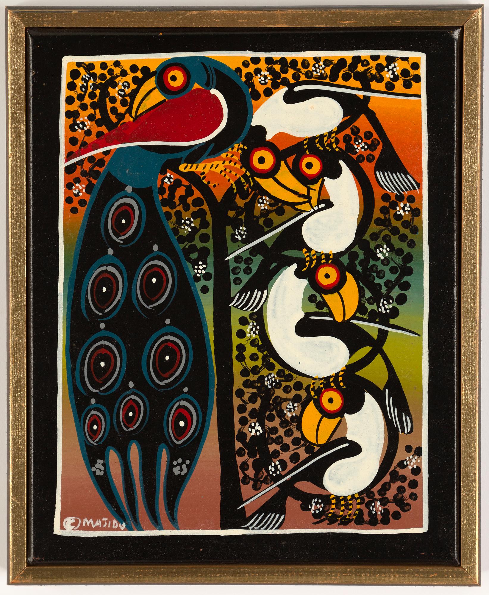 Okänd konstnär, olja på duk, Tingatinga-måleri, signerad Majidu, 1970/80-tal.