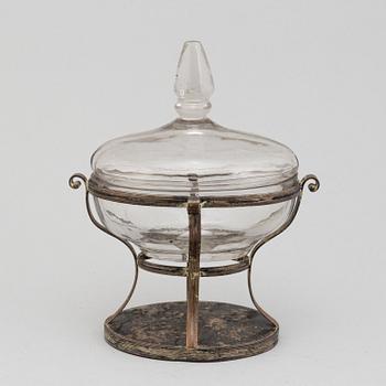 BONBONJÄR, glas och nysilver, 1800-tal.