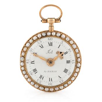 A Louis XVI gold, pearl and enamel pocket watch by Fol à Paris, late 18th century.