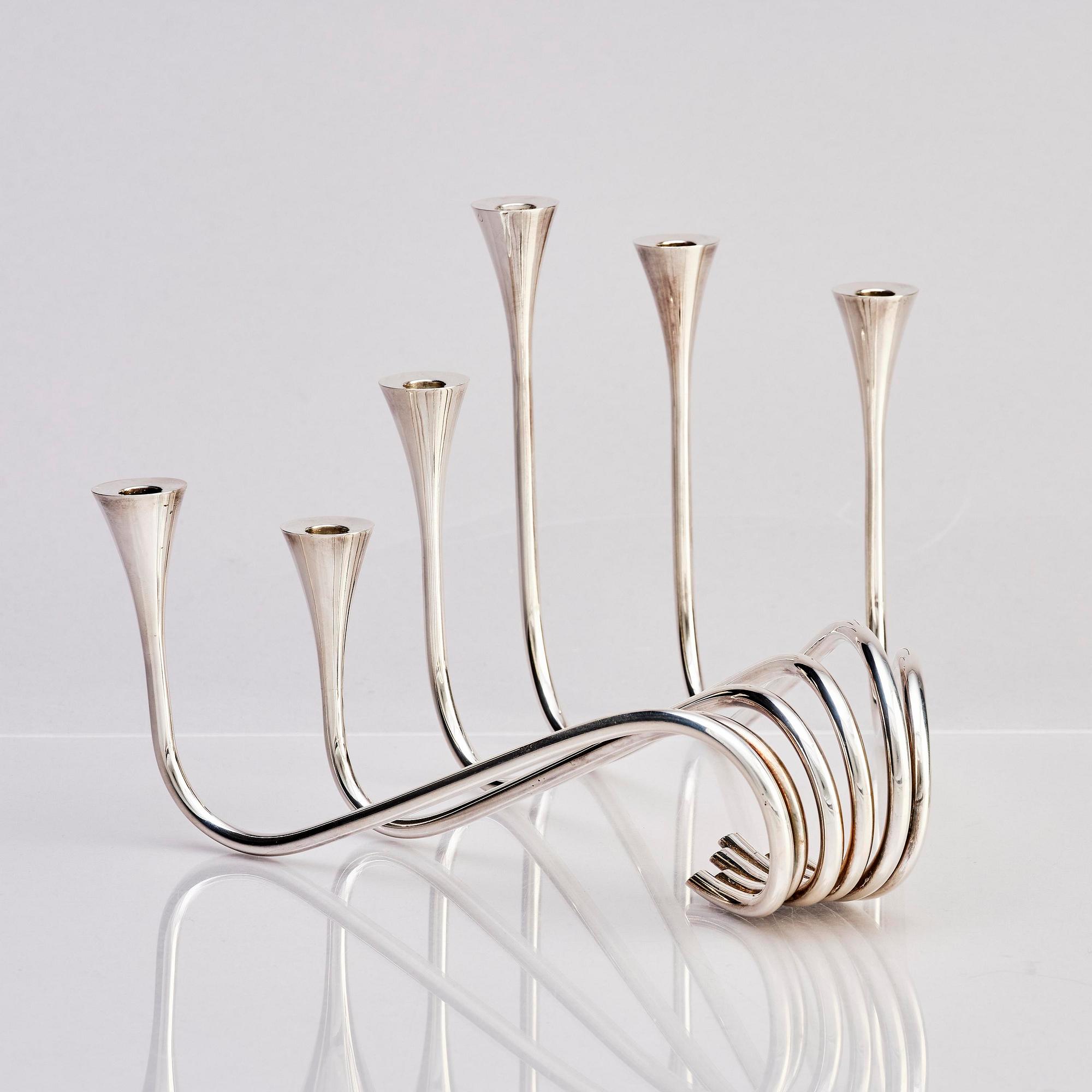 Ibi Trier Mørch, a pair of "Bølgeslag" six-branched sterling silver candelabra for A. Michelsen, Denmark 1951.
