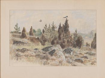 Harald Wiberg, Forest landscape with magpies.