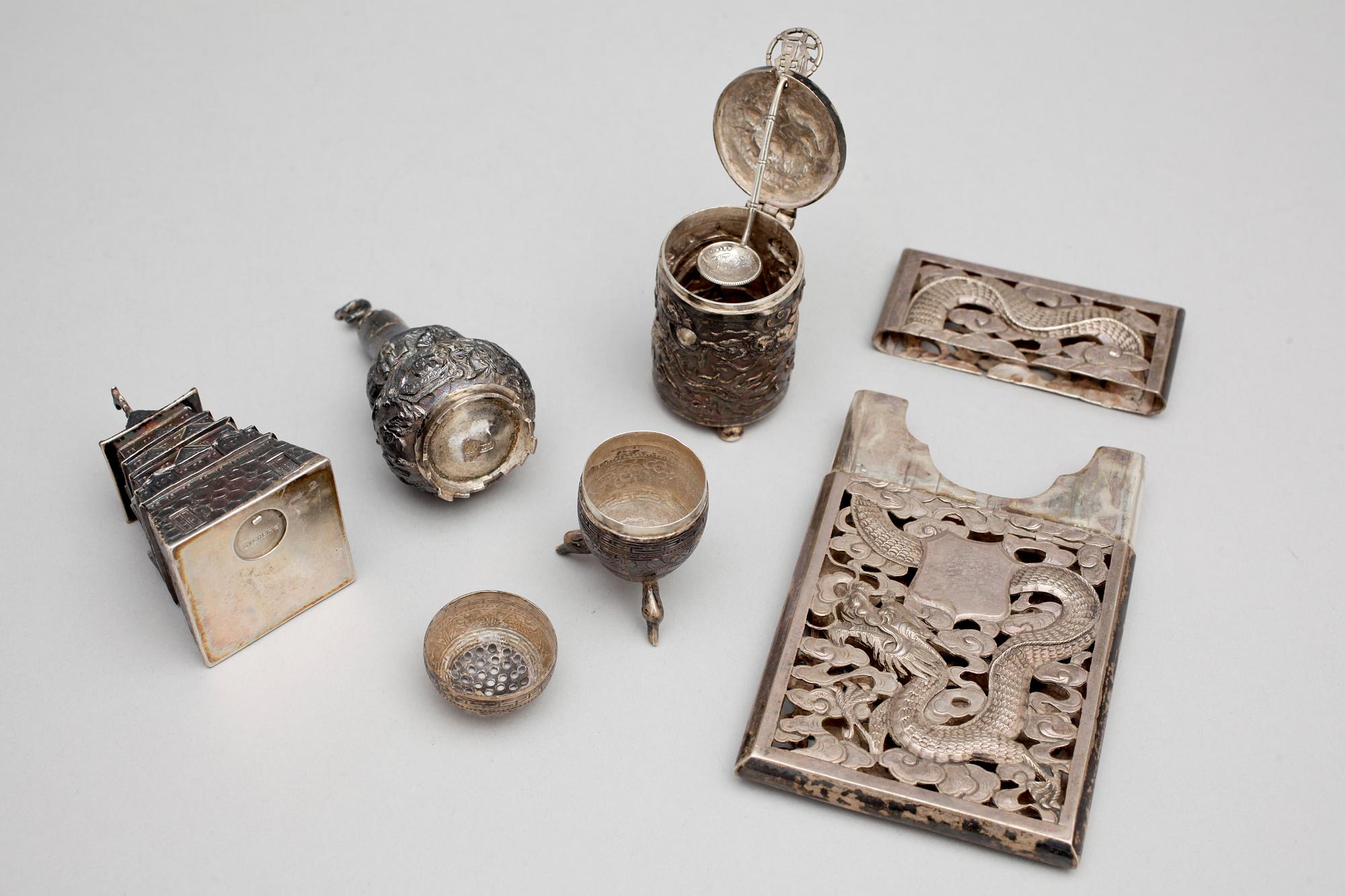 PARTI SILVER, 7 delar, bla Tuck Cheng, Kina, sekelskifte 1800/1900. Vikt ca 467g.