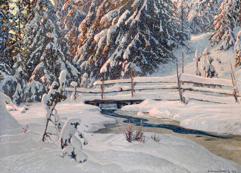Anshelm Schultzberg, "Vinterafton vid skogsbäcken".