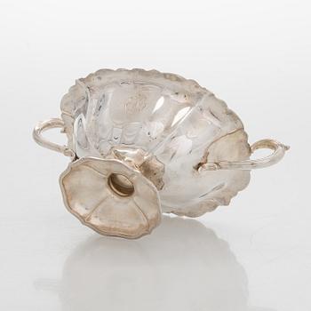 A silver coffee pot, sugar bowl, cream jug, and sugar tongs, Finland 1926-49.