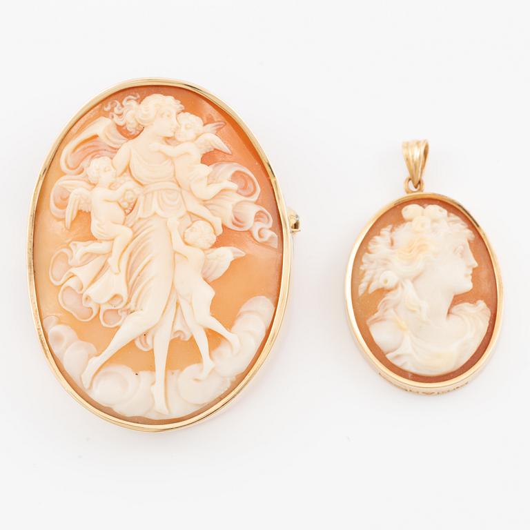 Pendant and brooch/pendant, 18K gold with shell cameos.