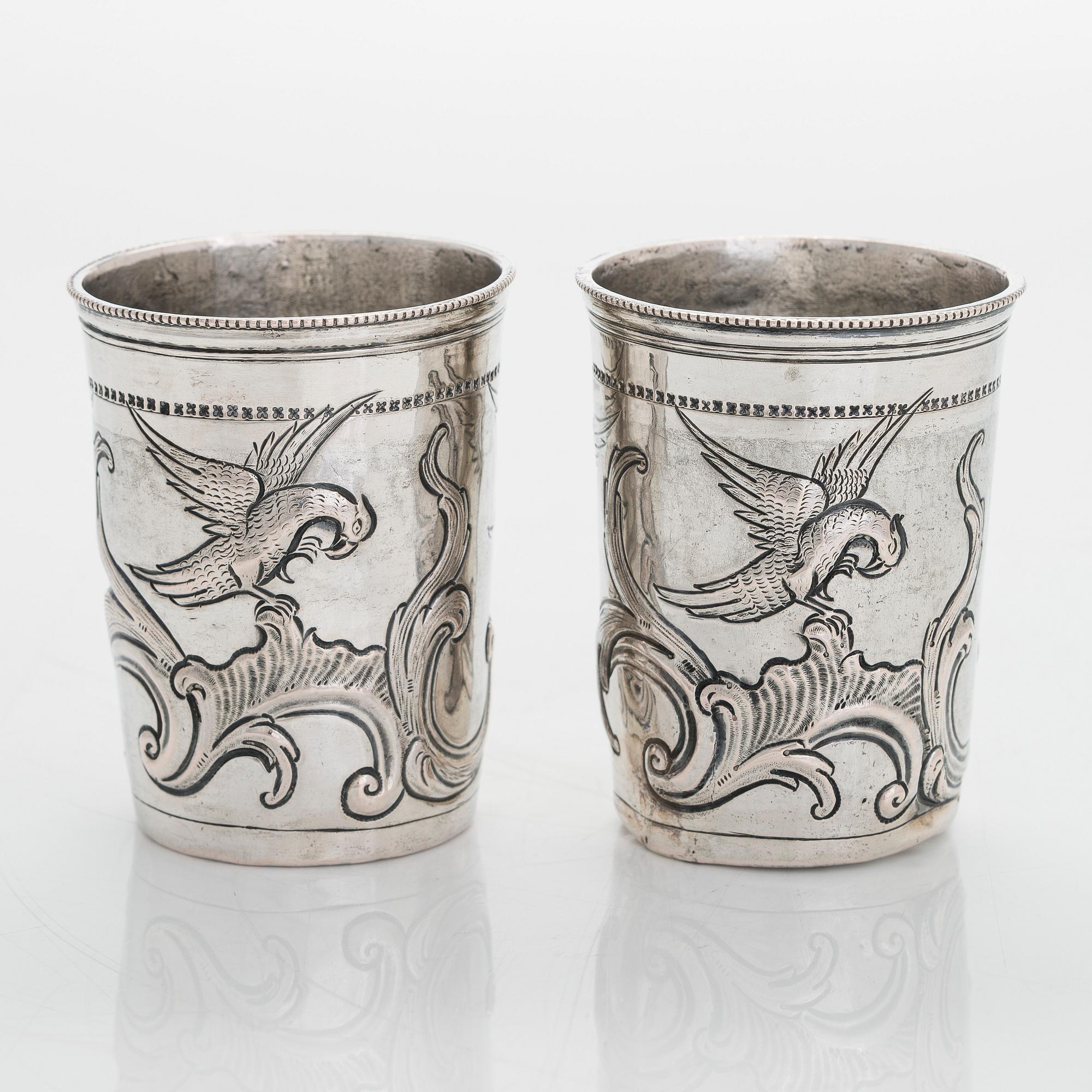 A pair of late 18th-century silver beakers, unknown maker's mark, alderman Alexei Kosirev, Moscow 1791.