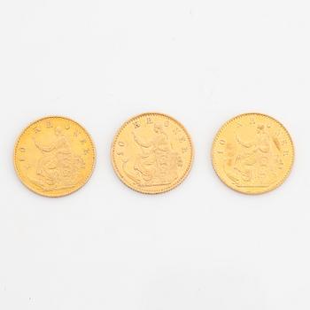 Christian IX, guldmynt 3 st, Danmark, 10 kr, 1873, 1877 och 1900.