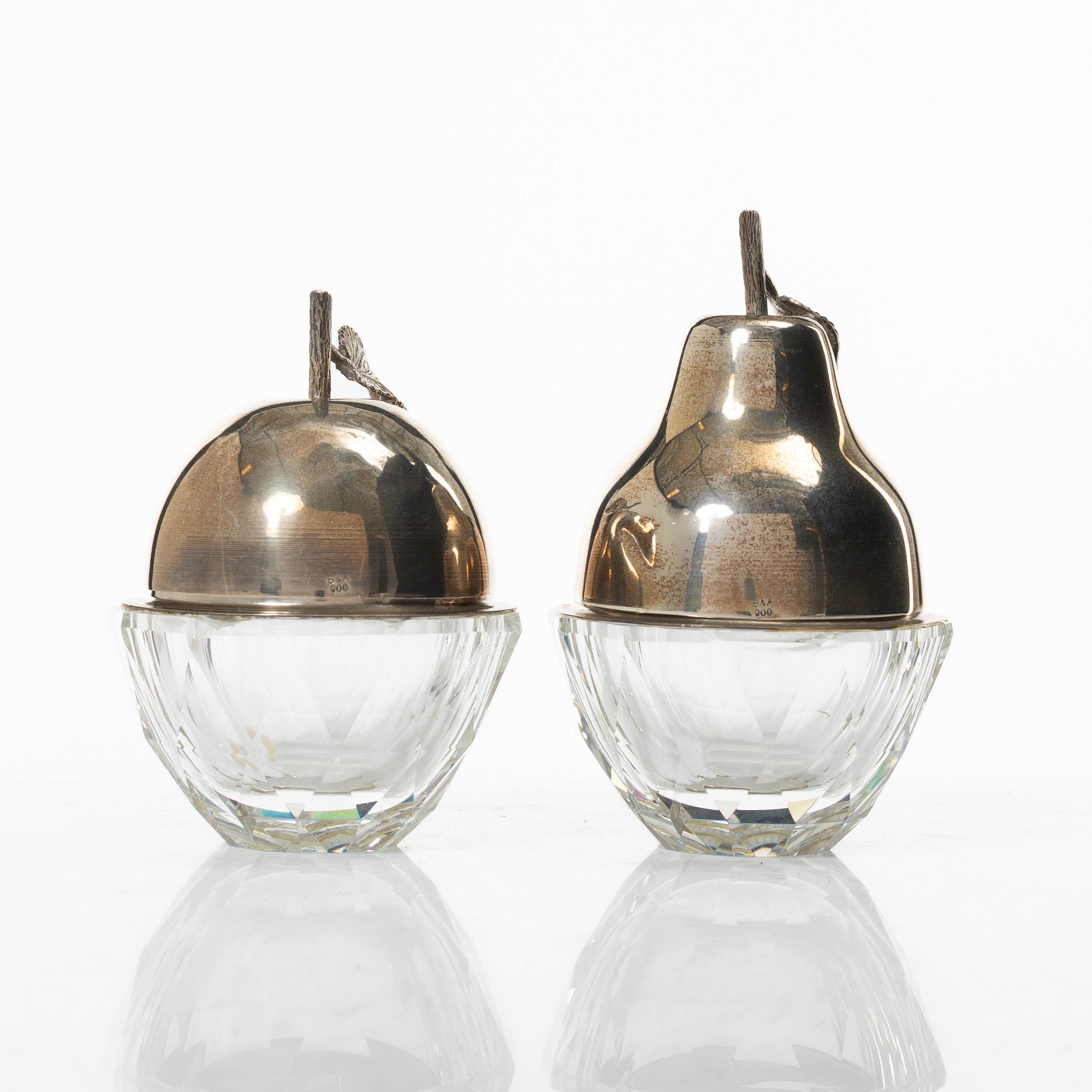 Skålar med lock, 2 st, glas och silver, 1900-tal.