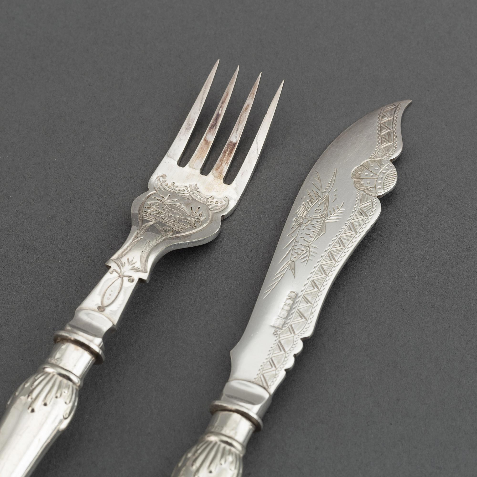 Fiskbestick, 24 st, nysilver, England, 1900-tal.