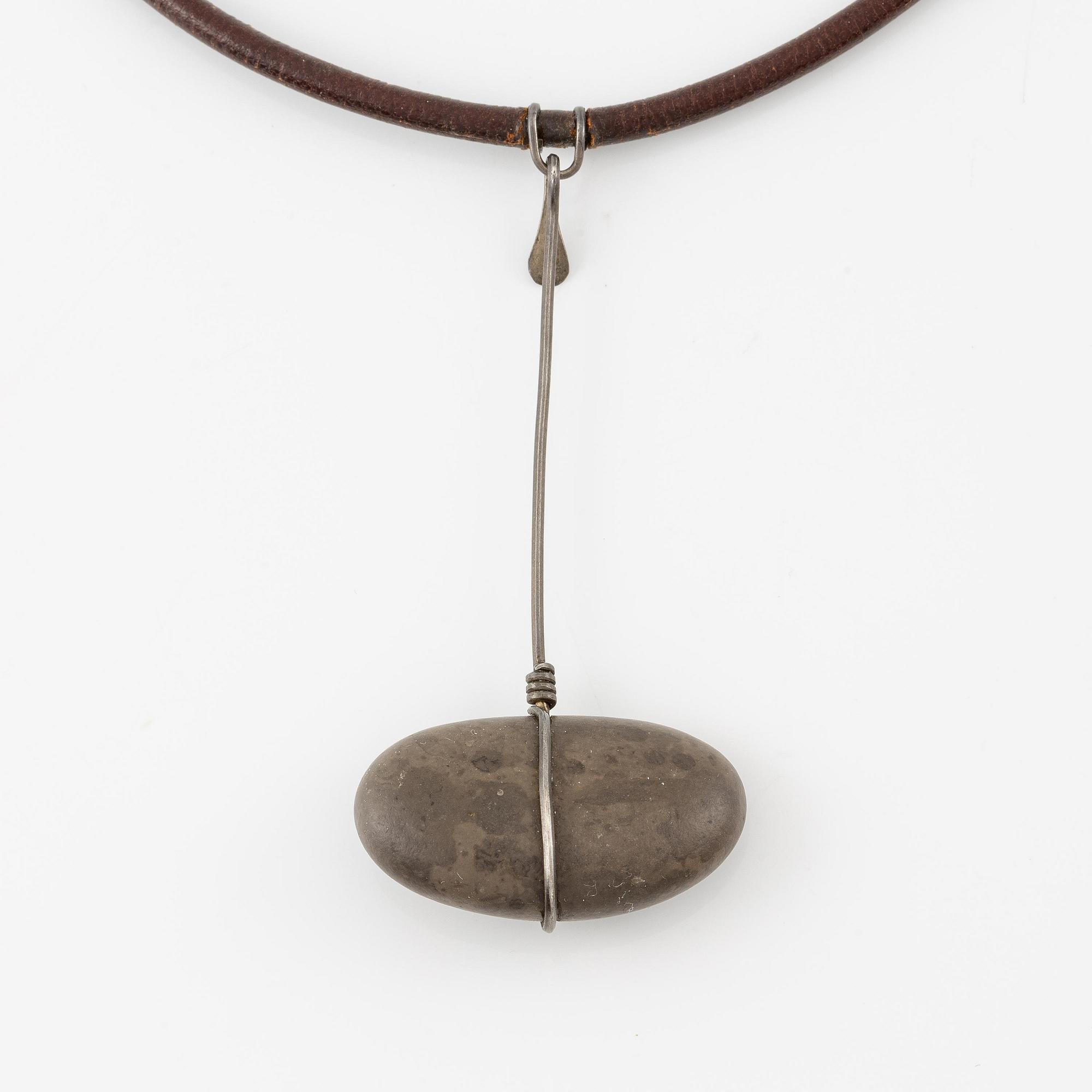 Vivianna Torun Bülow-Hübe, a necklace, silver with leather and a natural stone, excecuted in her own studio, most likely 1950's.
