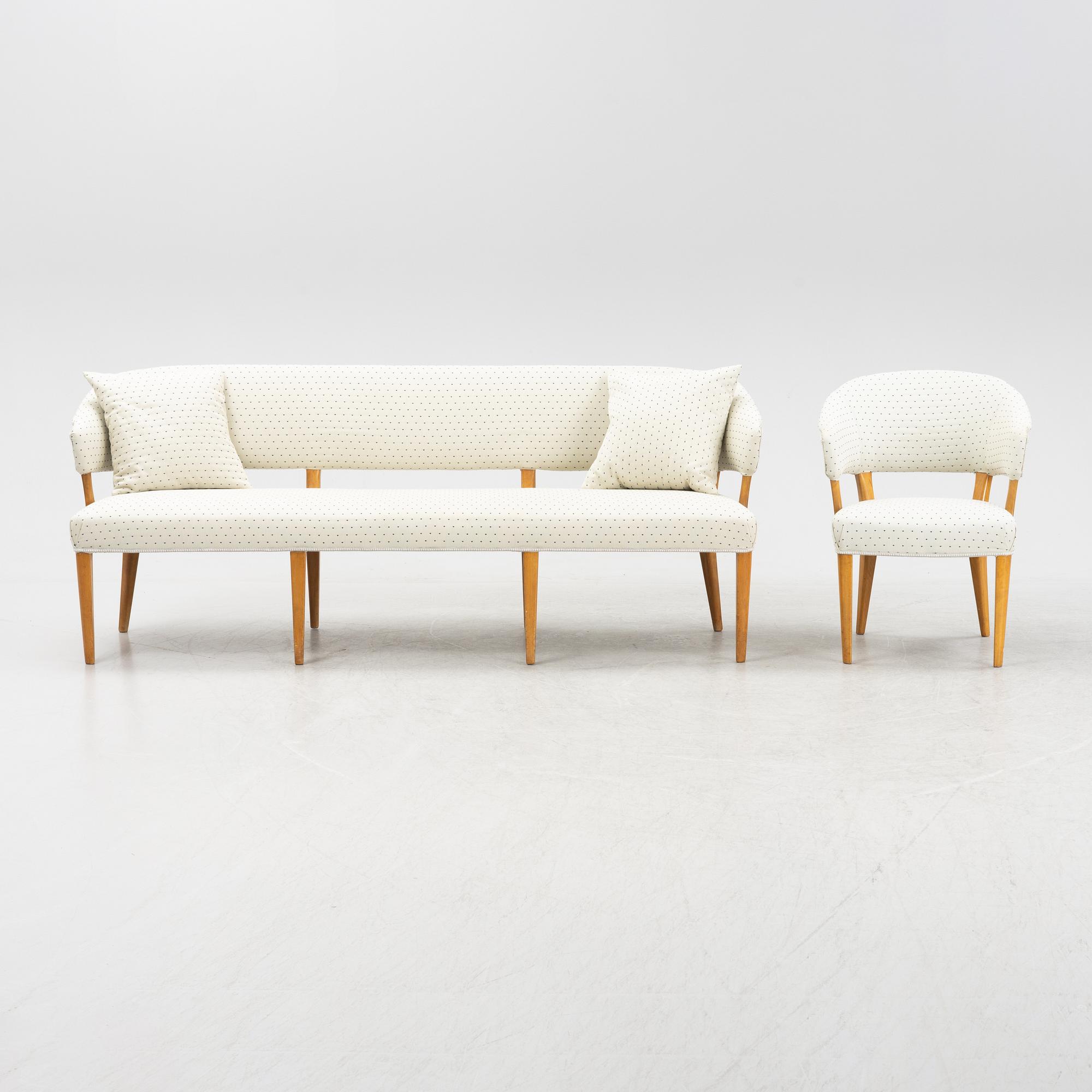 Carl Malmsten, soffa samt 3 stolar "Lata greven", 1900-talets andra hälft.